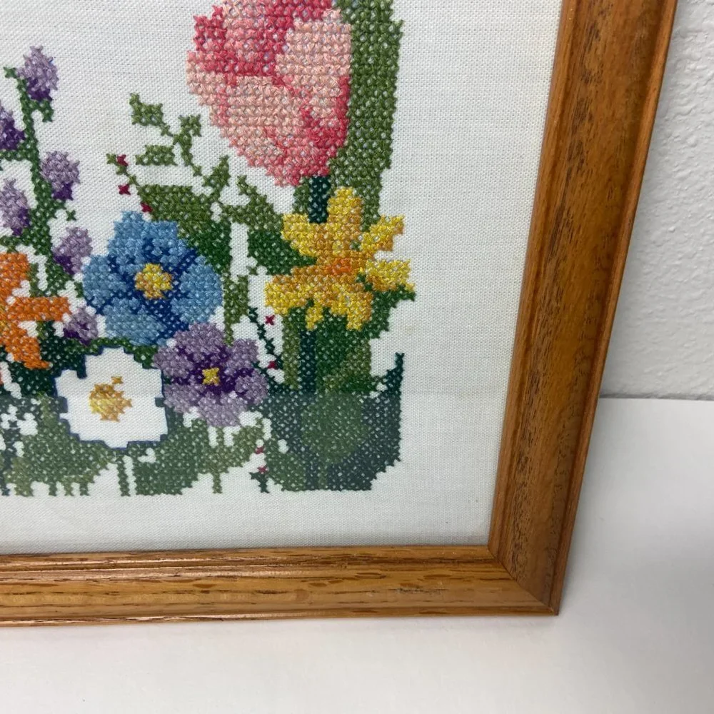 Vintage Cross stitch Flowers Butterfly Wooden Frame Handmade
